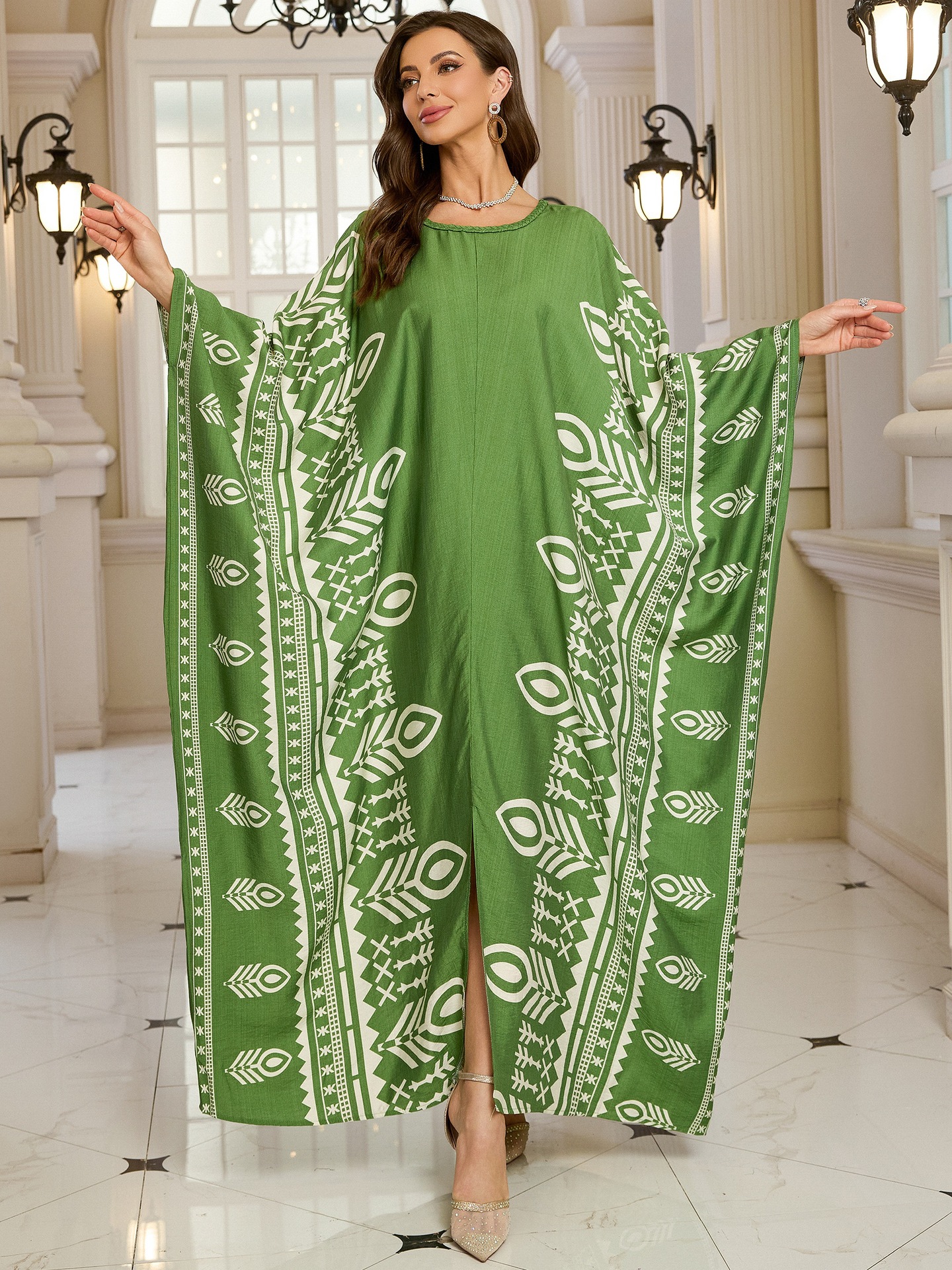 Geometric Pattern Kaftan Maxi Dress with Long Batwing Sleeves for Beach Cover Up